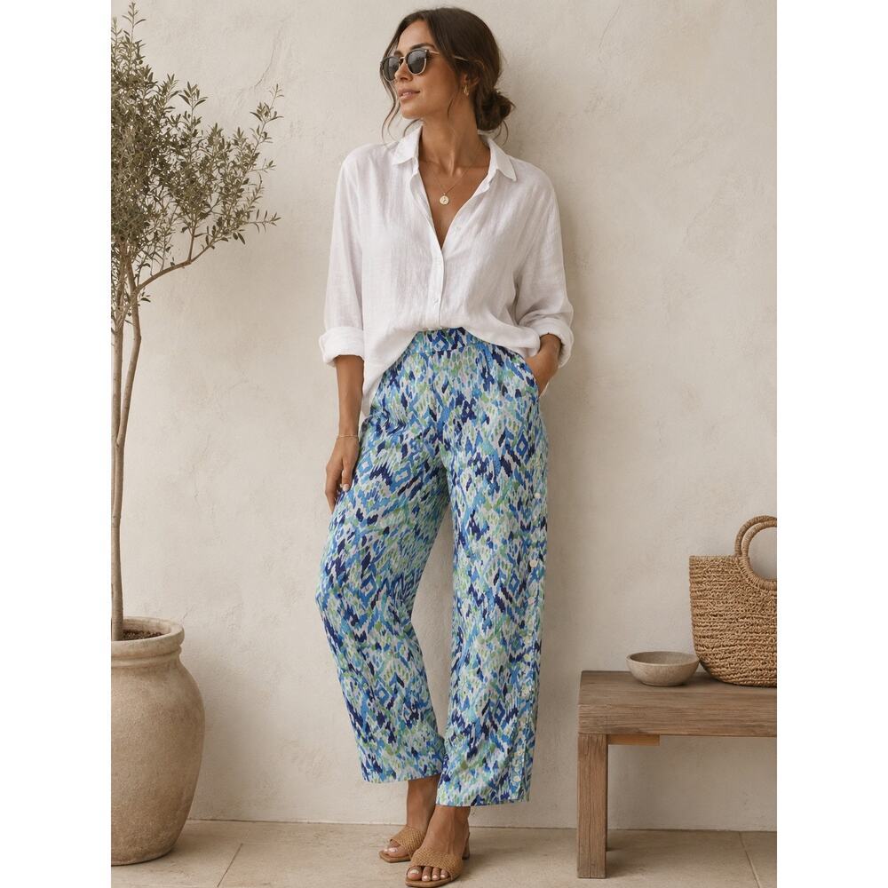 Soft Surroundings Linen Blend Ikat Print Button Leg Wide Leg Pants Blue Small